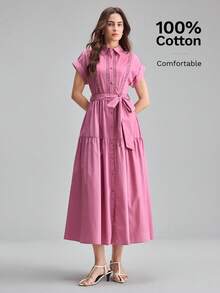 Ontre 女士时尚优雅单排扣长连衣裙，配腰带 - 粉色 - 查看 4