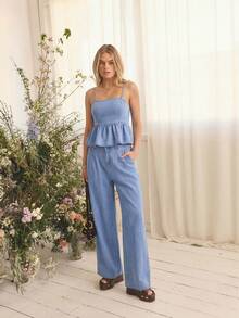 Aralina Soft Denim Fabric Spaghetti Strap Peplum Hem Fitted Bust Flowy Silhouette Summer Outfits For Women Cute Summer Tops Casual Top - Medium Wash - View 3