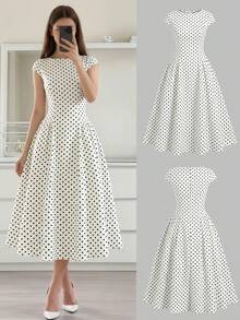 SHEIN 少女波点印花立领短袖休闲优雅针织连衣裙 - 白色 - 查看 4