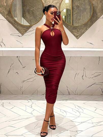 Lureya 女士夏季露背吊带镂空收腰修身中长连衣裙，魅力性感海滩度假派对