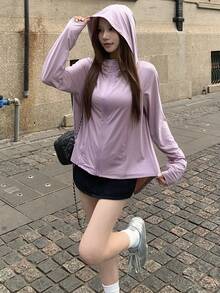 DAZY 女士不对称下摆休闲甜美文艺风宽松连帽轻薄外套，适合春、夏、秋季穿着，时尚度假沙滩户外休闲之选 - 粉色 - 查看 14