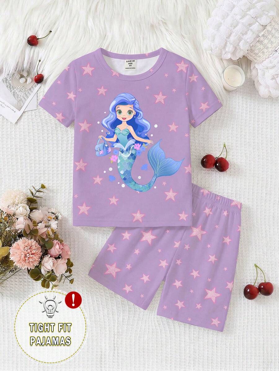 2件組少女粉色美人魚與螢光星星睡衣套裝,家庭款貼身短袖上衣與短褲家居服,UV光下發光 - 淡紫色 - 查看 1
