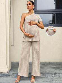 MaterniWear Conjunto de una sola pieza de tela de felpa texturizada color albaricoque para embarazadas, para ir a trabajar y salir - Elegante conjunto de dos piezas, Conjunto de punto informal de diario para embarazadas con camiseta de manga corta de un hombro y pantalones - Albaricoque - Ver 9