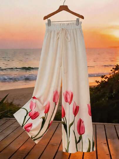 GlowEve CURVE Calça Pantalona Casual Plus Size com Estampa de Tulipa e Nó na Cintura