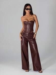 SHEIN PETITE Áo croptop quây ngực bằng da PU màu nâu thời trang gợi cảm dành cho nữ, áo corset da, áo màu nâu, áo đi chơi đêm, áo đi club, áo corset nâu, áo dự tiệc, áo da, áo mùa hè, áo quây ngực, áo Halloween, áo Giáng sinh, áo năm mới - Màu Đỏ Sâu - Xem 8