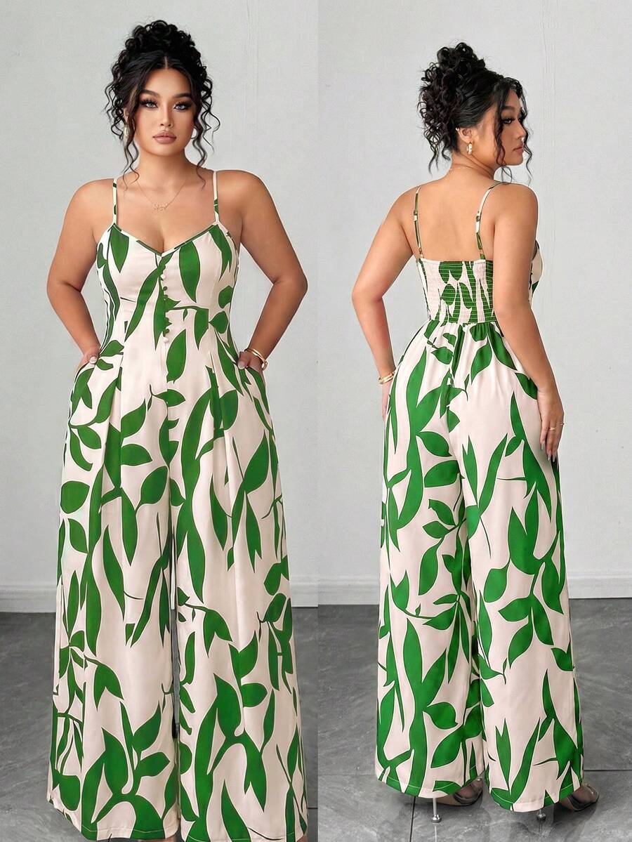 SHEIN Elenzya Bộ jumpsuit nữ cỡ lớn thanh lịch in hoa, dây đeo có thể điều chỉnh, thời trang và duyên dáng cho đầu xuân. - Nhiều màu - Xem 1