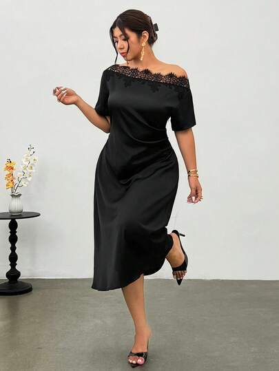 Firerie Plus Size Women's Solid Color Asymmetrical Shoulder Lace Patchwork Satin Elegant Dress