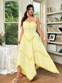FleurLily Plus Size Women's Spaghetti Strap Bow Tie Spaghetti Strap Ruffle Hem Asymmetrical Hem Beach Gym Vacation Dress Brown Summer - Light Yellow - View 5