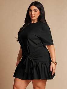 SHEIN BAE Gaun Pendek Lengan Pendek dengan Ikat Pinggang Warna Aprikot untuk Wanita Ukuran Besar - Hitam - View 5