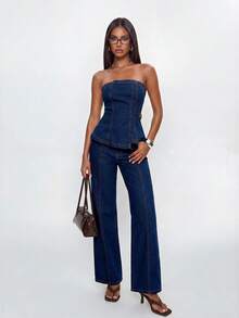 Avantive Women's Asymmetric Hem Denim Bustier Top With Button Detail At Waist - Dark Wash - View 3
