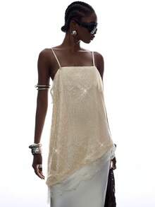 LYSMO Áo camisole nữ phối ren, đính sequin, kiểu dáng thường ngày, đa năng. - Màu be - Xem 5