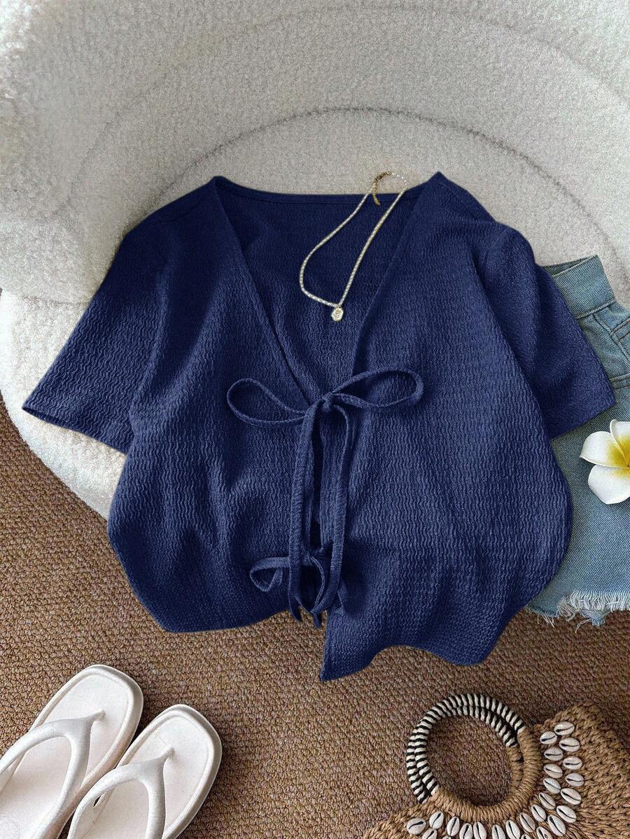 SHEIN LUNE 女士简约纹理纯色系带短袖上衣，夏季 - 藏蓝色 - 查看 1