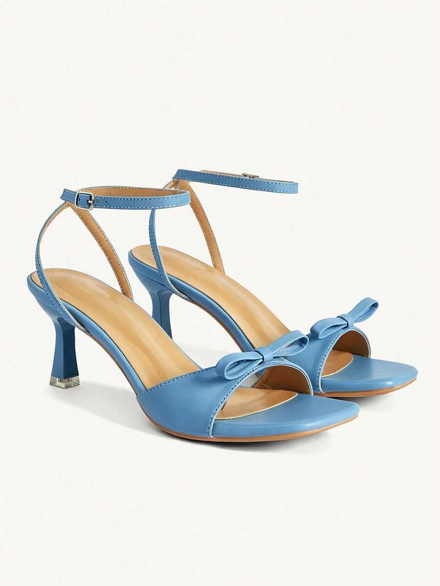 CUCCOO CHICEST French Girl Style Blue Bow Sandals, Buckle With Stiletto And Square Toe, Wearing Versatile Shoes Summer Shoes - Blue - View 1