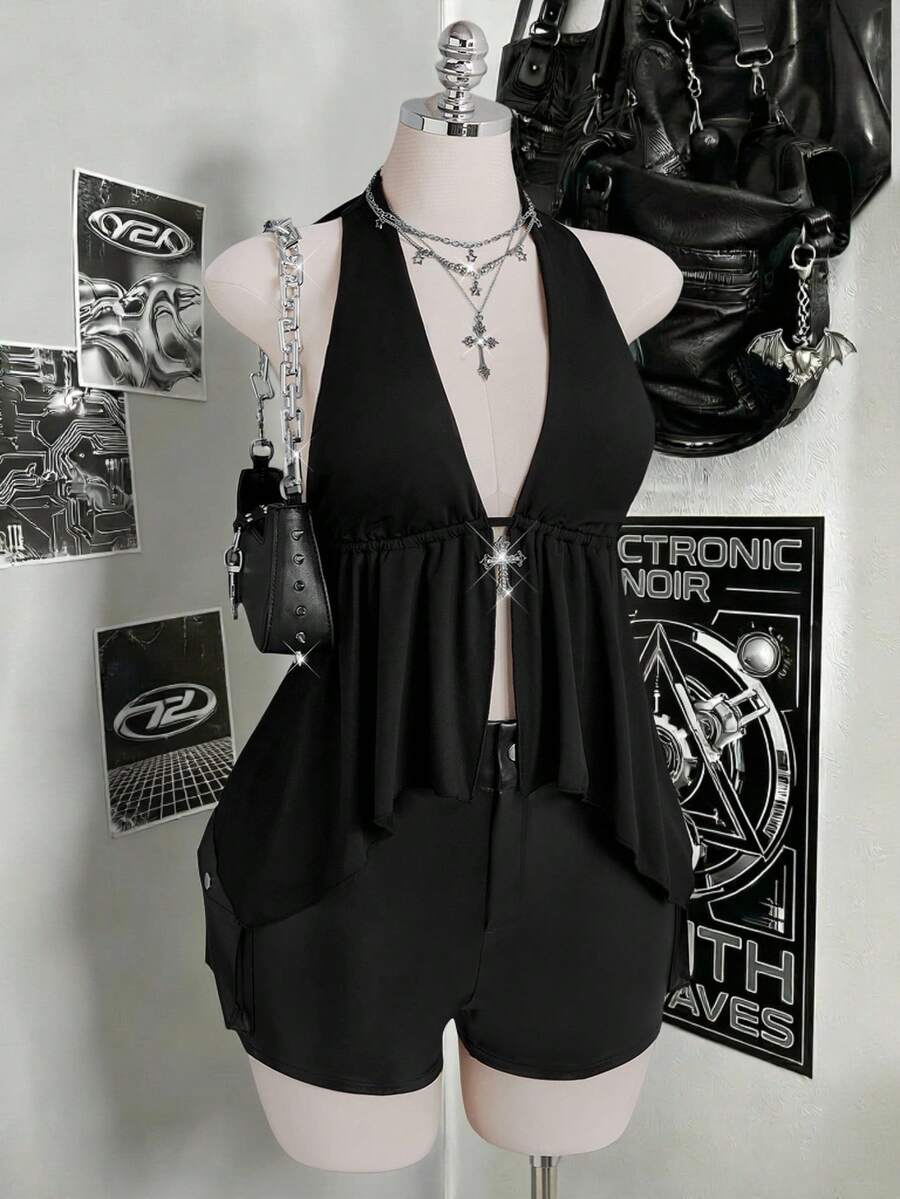 SHEIN ICON 女士加大码春夏复古性感都市摩登前卫大胆时尚个性简约休闲千禧风Y2K暗黑哥特风水钻十字装饰V领露背系带不规则下摆黑色上衣 - 黑色 - 查看 1