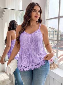 Reflora Plus Size Women Floral Lace Camisole - Mauve Purple - View 4
