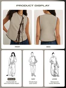 Áo tank top không tay mùa hè dành cho nữ, kiểu dáng thường ngày, thích hợp đi nghỉ mát và đi làm, với viền tương phản và chi tiết thắt nút. - Màu be - Xem 8