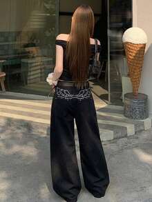 DAZY Women's Loose Embroidered Korean Style Washed Denim Jeans, Versatile For Spring And Summer - Black - View 4
