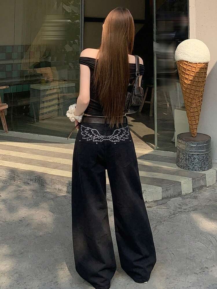 Women's Loose Embroidered Korean Style Washed Denim Jeans, Versatile For Spring And Summer