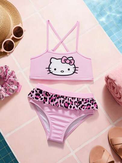 HELLO KITTY AND FRIENDS | SHEIN Young Girl Cartoon & Leopard Print Bikini Swimwear