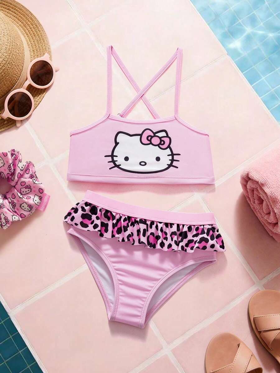 HELLO KITTY AND FRIENDS | SHEIN 少女卡通豹纹比基尼泳装 - 粉色 - 查看 1