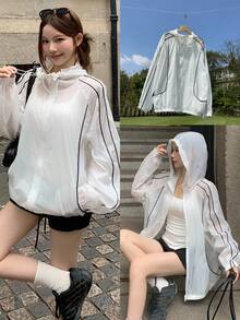 DAZY 女士插肩袖拉链抽绳连帽常规外套 - 白色 - 查看 16