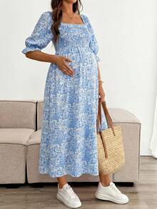 SHEIN 夏季孕妇休闲碎花方领连衣裙 - 藍白色 - 查看 9