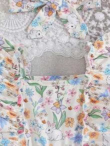 SHEIN 1件女婴杏色碎花兔子动物蝴蝶印花泡泡袖方领荷叶边腰高腰A字连衣裙，配发带，清新休闲甜美可爱风格，适合夏季日常外出、旅行、摄影、购物、公园、派对等。 - 彩色 - 查看 6