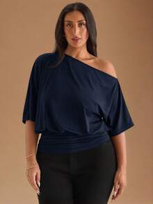 SHEIN BAE T-shirt asymétrique à épaule dénudée noir décontracté, polyvalent pour le port quotidien, les rendez-vous, le thé de l'après-midi, les sorties entre amis, toutes les occasions assorties - Bleu marine - Voir 4