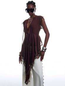 LYSMO Blusa transparente con bordado de encaje y lazo asimétrico de moda para mujer - Café integral - Ver 7