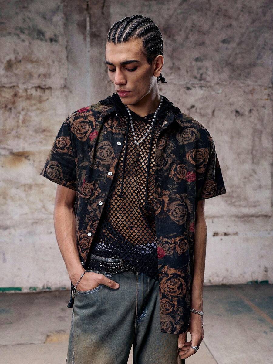 Hombres Camisa con estampado floral con botón - Multicolor - Ver 1