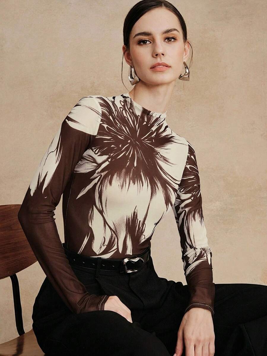 Anewsta Elegant High Neck Fitted Coffee Brown T-Shirt, Women Long Sleeve Vintage Printed Mesh Undershirt Top - Coffee Brown - View 1