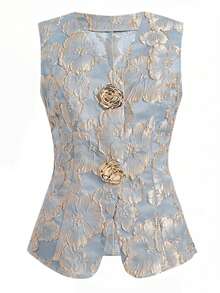 Ellevyn Women's Sleeveless Metal Rose Button Shirt,French Style Elegant Light Blue Summer Top,Holiday Dinner Casual Commuter Vibe,Formal Party Wedding Outfit - Green - View 5