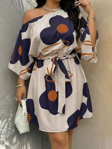 SHEIN LUNE Plus Size Women Floral Print Asymmetrical Shoulder Casual Vacation Dress - Multicolor - View 3