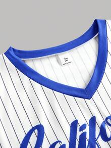 SHEIN 少女T恤套装 2件套 少女休闲时尚蓝白针织数字标语印花美式棒球T恤V领短袖上衣和阔腿运动裤套装 - 藍白色 - 查看 4