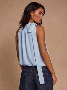 SHEIN Glamour 女士纯色打结领设计时尚吊带衬衫 - 藍色 - 查看 2