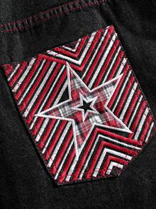 Manfinity Denimwave 夏季街头时尚复古后袋格子拼接星形字母藤蔓刺绣铆钉设计小众百搭纯色宽松阔腿牛仔短裤 - 黑色 - 查看 5