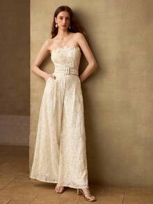 MOTF PREMIUM Bộ jumpsuit nữ màu mơ nhạt, chất liệu ren, thanh lịch, thích hợp cho hẹn hò, mùa xuân/hè. - Màu be - Xem 5