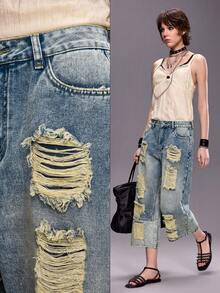 ROMWE Celana Jeans Wanita Model Crop dengan Potongan Patchwork dan Detail Rusak - Biru - View 8