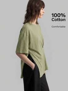 Ontre Áo thun nữ 2026 SS mới, trơn đơn giản, eo bo, dáng rộng, phong cách casual, công sở casual, đi biển nghỉ dưỡng, lễ hội nhạc đồng quê - xanh quân đội - Xem 4