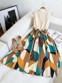 SHEIN Franclia Thời trang nữ cao cấp, thích hợp đi làm, dự tiệc, công sở, phong cách đường phố hàng ngày, thẩm mỹ, thắt dây, họa tiết hình học, thoải mái, thanh lịch, cổ điển, dáng dài ngang gối, phối họa tiết, không tay. - Nhiều màu - Xem 2