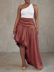 BamGleam 春季情人节新年假日新款白色宽松不规则下摆收腰女裙，时尚活泼的度假嘻哈休闲风，适合旅行、日常穿着、返校、派对等场合。 - 紅色 - 查看 5