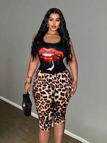 Slaydiva Primăvară/Vară Noutate Completă Casual Vacanță Croazieră Călătorie Plajă Bronzare Viral Streetwear Femei Mărime Plus 2 buc Set Spaghete Bretele Maiou cu Imprimeu Leopard și Pantaloni Capri Leopard Set Pantaloni Capri Set - Negru - Vizualizare 13