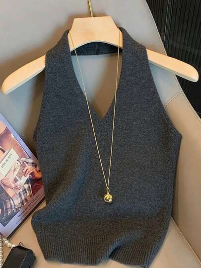 Franclia Blusa de punto sin espalda con cuello halter de unicolor para mujer