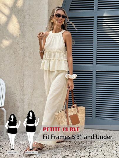 SHEIN PETITE CURVE Plus Size Women 2-Piece Pajama Set - Summer Sleeveless Ruffle Trim Top And Wide Leg Pants Set, Solid Color Backless Pleated Top And Wide Leg Pants Casual 2-Piece Outfit, Suitable For Summer, Spring, Holidays, Parties, Beach, Wedding, Graduation, Outings, Dances, Birthdays, Elegant, Vacation, Casual, Formal Occasions, Suitable For Summer, Daily Commute, Dating, Party, Christmas, New Year, Thanksgiving, Party, Wedding, Beach, Graduation Ceremony, Fashion, Elegant, Casual, Outing, Dating, Reservation, Commuting, Shiny, Valentine's Day, Elegant, Vacation, Casual, Y2K, Outing, Graduation Ceremony And Other Occasions.