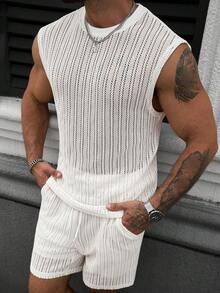 Manfinity Homme 2pcs/Set Men's Hollow-Out Jacquard Round Neck Vest And Shorts,Off-White Summer Streetwear Vacation Holiday,Casual Samurai Style Sports Set For Men - Beige - View 6