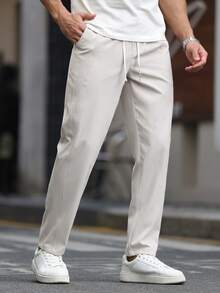 Manfinity CasualCool Men's Solid Color Drawstring Waist Pocket Casual Pants - Light Grey - View 4