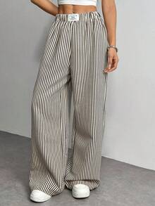 SHEIN PETITE Women's Letter & Striped Wide Leg Loose Casual Pants ,Petite Women - Dark Grey - View 3