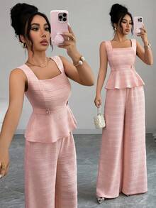 SHEIN Elenzya Women's Soft Pink Summer Elegant 2-Piece Set Textured Square Neck Sleeveless Ruched Waist Gold Trim Pearl Button High Waist Wide Leg Pants Tea Party - Pink - View 1
