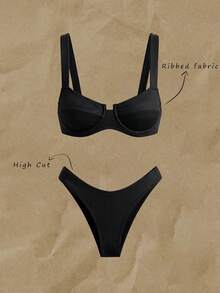 Elavelle Summer Beach Rib Bikini Set Underwire Bra & High Cut Bottom 2 Piece Bathing Suit - Black - View 2