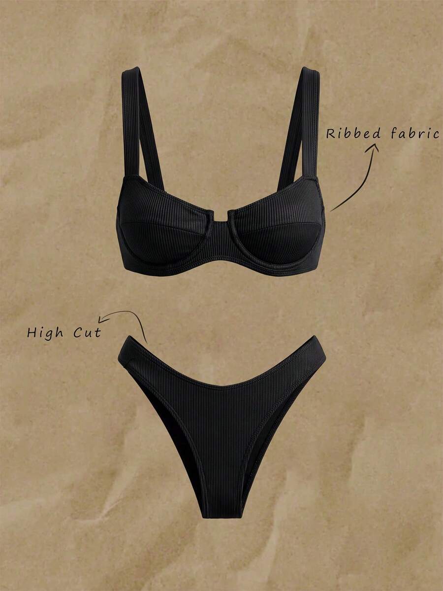 Elavelle Summer Beach Rib Bikini Set Underwire Bra & High Cut Bottom 2 Piece Bathing Suit